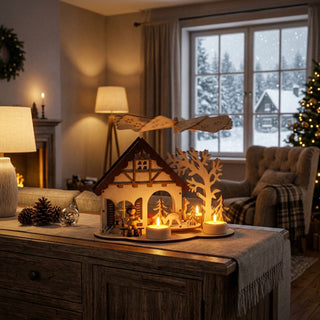 Weihnachtspyramide „Haus mit Rehen“ aus naturbelassenem Holz (23 cm) für drei Teelichter mit Flügelrad. Szene mit Fachwerkhaus, Rehen und Tannenbaum. Auf einer Kommode in einem gemütlich beleuchteten Wohnzimmer vor verschneitem Fenster arrangiert.