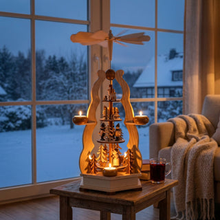 Weihnachtspyramide „Winterwald“ aus naturbelassenem Holz, ca. 56 cm hoch, für 6 Teelichter, mit mehreren Ebenen und filigranen Waldmotiven sowie kleinen Figuren. Die Pyramide steht auf einem Tisch und wird von brennenden Teelichtern beleuchtet, im Hintergrund ein gemütlicher Wohnraum mit großem Fenster und verschneiter Winterlandschaft.