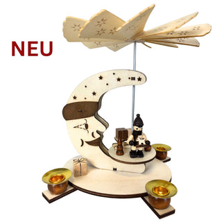 Natürliche Weihnachtspyramide „Mond“ aus Holz, 18 cm hoch, mit Mondmotiv, kleiner Figur und Platz für vier Pyramidenkerzen.