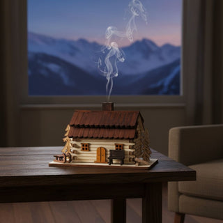 Räuchermännchen „Waldhütte“ (12 cm), naturbelassen gestaltet als detailreiche Holzhütte mit Bank und kleinen Holzfiguren, rauchend auf einem Tisch in gemütlicher Wohnatmosphäre vor verschneiter Berglandschaft im Fenster dekoriert.