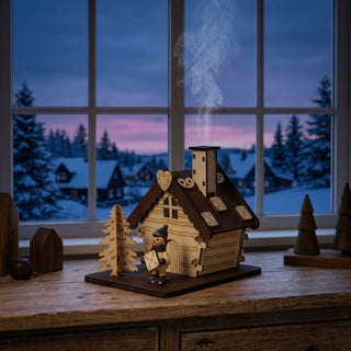 Räucherhaus „Lebkuchenhaus“, naturfarben, 12 cm. Das detailreich gestaltete Holzhaus ist einem Lebkuchenhaus nachempfunden und mit dekorativen Keks- und Herzmotiven verziert. Vor dem Haus stehen eine kleine Figur und ein Tannenbaum. Aus dem Schornstein steigt Rauch auf und verdeutlicht die Räucherfunktion. Das Räucherhaus steht auf einer Fensterbank vor einer winterlichen Abendlandschaft mit verschneiten Häusern und Bäumen.