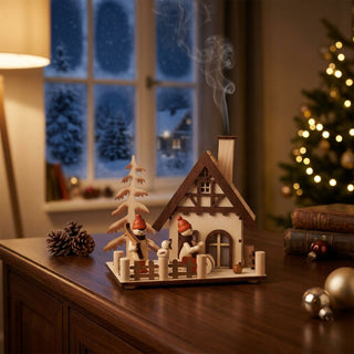 Naturfarbenes Räucherhaus „Winterspaß“ (15 cm) aus Holz in Form eines verschneiten Fachwerkhauses mit Schornstein, aus dem feiner Rauch aufsteigt. Vor dem Haus befinden sich filigrane Winterfiguren, ein Schneemann, ein Zaun und ein stilisierter Tannenbaum. Die Szene steht auf einem Holzmöbel in einem gemütlich dekorierten Wohnraum. Im Hintergrund sind ein verschneites Fenster, ein beleuchteter Weihnachtsbaum und winterliche Dekorationen zu sehen, die eine warme und festliche Weihnachtsatmosphäre schaffen.