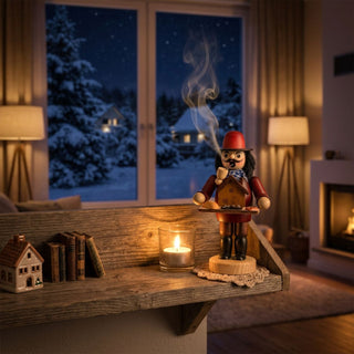 Farbiges Räuchermännchen „Bäcker“ (15 cm) aus Holz mit roter Kleidung, Pfeife und einem Backblech mit Lebkuchenhaus und Gebäck. Aus der Pfeife steigt feiner Rauch auf. Die Figur steht auf einem rustikalen Wandregal neben einer Kerze, Büchern und einer kleinen Hausdekoration. Im Hintergrund sind ein verschneites Winterfenster und ein Kaminfeuer zu sehen, die eine gemütliche und festliche Weihnachtsatmosphäre schaffen.