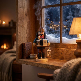Farbiges Räuchermännchen „Laternenhändler“ (15 cm) aus Holz mit Hut, Schal und mehreren filigranen Laternen in den Händen. Aus der Pfeife steigt feiner Rauch auf. Die Figur steht auf einer hölzernen Fensterbank neben einem Buch und einer Schale. Im Hintergrund sind ein verschneites Winterfenster, warmes Lampenlicht und ein Kaminfeuer zu sehen, die eine gemütliche und stimmungsvolle Winteratmosphäre schaffen.