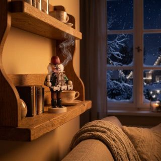 Farbiges Räuchermännchen „Pyramidenhändler“ (15 cm) aus Holz mit Hut, Pfeife und einer filigranen erzgebirgischen Weihnachtspyramide in den Händen. Aus der Pfeife steigt feiner Rauch auf. Die Figur steht auf einem hölzernen Wandregal neben Büchern und einer Tasse. Im Hintergrund sind ein verschneites Fenster und warme Lichter zu sehen, die eine gemütliche winterliche Wohnatmosphäre schaffen.