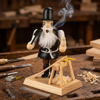 Farbiges Räuchermännchen „Zimmermann“ (23 cm) aus Holz mit schwarzem Hut, weißem Bart, Pfeife und Zimmermannshammer. Aus der Pfeife steigt feiner Rauch auf. Die Figur steht neben einem detailreich gestalteten Holzbock mit aufliegendem Brett und Messwerkzeug. Umgeben von Hobelspänen, Stechbeiteln, Zollstock und weiteren Handwerkzeugen präsentiert sich das Räuchermännchen auf einer traditionellen Werkbank in einer Schreiner- oder Zimmereiwerkstatt. Die warme Holzumgebung unterstreicht die Atosphäre.