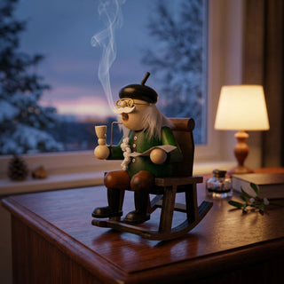 Farbiges Räuchermännchen „Opa im Schaukelstuhl“ (16 cm) aus Holz mit Brille, schwarzer Mütze, weißem Bart und Pfeife. Aus der Pfeife steigt feiner Rauch auf. Die Figur sitzt in einem detailreich gestalteten Schaukelstuhl und hält ein Getränk sowie eine aufgeschlagene Zeitung in den Händen. Das Räuchermännchen steht auf einem Holzmöbel vor einem Fenster mit verschneiter Winterlandschaft. Eine Tischlampe, Bücher und weitere Wohnaccessoires im Hintergrund schaffen eine gemütliche und behagliche Atmosphäre.