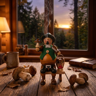 Farbiges Räuchermännchen „Dickbauch Pilzsammler auf Bank“ (23 cm) aus Holz. Die rundliche Figur trägt einen grünen Hut und eine grüne Weste und sitzt auf einer kleinen Holzbank. In einer Hand hält der Pilzsammler einen großen Steinpilz, in der anderen ein Messer. Neben der Bank steht ein Korb mit gesammelten Pilzen. Aus der Pfeife im Mund steigt feiner Räucherrauch auf. Das Räuchermännchen steht auf einem rustikalen Holztisch, umgeben von Pilzen und Herbstlaub. 