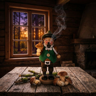 Farbiges Räuchermännchen „Dickbauch Pilzsammler“ (16 cm) aus Holz mit grünem Hut und grüner Weste. Die Figur hält einen Pilz in der Hand und steht auf einem rustikalen Holztisch, umgeben von mehreren Waldpilzen. Aus dem Mund steigt Rauch auf. Im Hintergrund sind eine gemütliche Holzhütte, ein Fenster mit stimmungsvoller Waldkulisse und ein Kamin zu sehen.