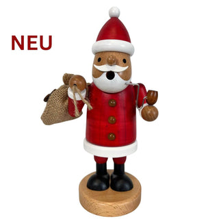 Farbiges Räuchermännchen „Weihnachtsmann“ aus Holz, 21 cm hoch, mit rotem Mantel, Jutesack und Pfeife. Frontansicht