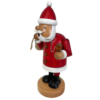 Farbiges Räuchermännchen „Weihnachtsmann“ aus Holz, 21 cm hoch, mit rotem Mantel, Jutesack und Pfeife. Seitenansicht links