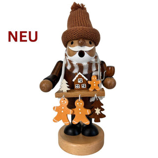 Farbiges Räuchermännchen „Lebkuchenhändler“ aus Holz, 21 cm hoch, mit gestrickter Mütze, Schal und kleinen Lebkuchen‑Anhängern. Frontansicht