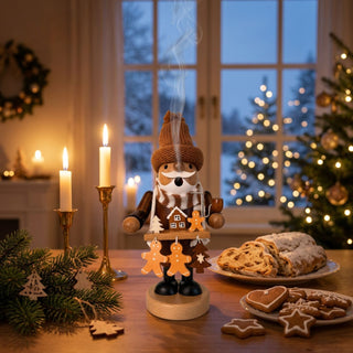 Farbiges Räuchermännchen „Lebkuchenhändler“ (21 cm) aus Holz mit gestrickter Wintermütze, Schal und Pfeife. Die Figur präsentiert einen Verkaufsstand mit Lebkuchenfiguren, kleinen Tannenbäumen und einem dekorativen Häuschen. Aus dem Mund steigt Rauch auf. Das Räuchermännchen steht auf einem festlich gedeckten Tisch mit Weihnachtsgebäck, Kerzen und Tannenzweigen. Im Hintergrund sorgen ein geschmückter Weihnachtsbaum und ein Fenster mit winterlicher Abendstimmung für eine gemütliche Atmosphäre.