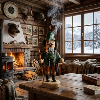 Farbiges Räuchermännchen „Jäger“ (19 cm) aus Holz mit grünem Hut, Jagdjacke, Fernglas und Wanderstock. Aus der Pfeife steigt feiner Rauch auf. Die Figur steht auf einem rustikalen Holztisch in einer gemütlichen Jagdhütte. Im Hintergrund sind ein brennender Kamin, Jagdtrophäen an den Holzwänden sowie ein Fenster mit verschneiter Berglandschaft zu sehen. Die warme Beleuchtung schafft eine traditionelle und winterliche Atmosphäre.