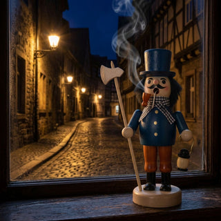 Farbiges Räuchermännchen „Nachtwächter“ (19 cm) aus Holz mit blauem Mantel, hohem Zylinder, Hellebarde und Laterne. Aus der Pfeife steigt feiner Rauch auf. Die Figur steht auf einer Fensterbank vor einer historischen, gepflasterten Altstadtgasse bei Nacht. Warmes Licht der Straßenlaternen beleuchtet die Fachwerkhäuser und unterstreicht die stimmungsvolle Atmosphäre des traditionellen Nachtwächter-Motivs.