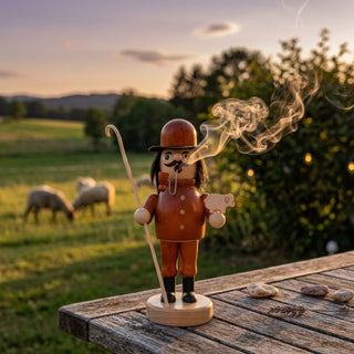 Farbiges Räuchermännchen „Schäfer“ (19 cm) aus Holz mit brauner Kleidung, Hirtenstab und kleinem Schaf in der Hand. Aus der Pfeife steigt feiner Rauch auf. Die Figur steht auf einem rustikalen Holztisch vor einer grünen Weidelandschaft mit Schafen im Hintergrund. Das warme Abendlicht und die ländliche Umgebung schaffen eine idyllische und traditionelle Atmosphäre.