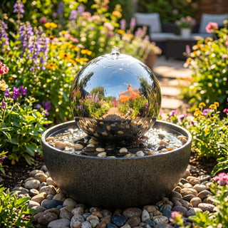 Kugelbrunnen aus Edelstahl mit integrierter LED, bestehend aus einer glänzenden, spiegelnden Kugel, über deren Oberfläche Wasser sanft nach unten fließt. Die Kugel steht in einer runden Schale mit kleinen Steinen und Wasser. Der Brunnen ist in einem blühenden Garten auf Kies platziert, umgeben von bunten Blumen und üppigem Grün, mit einem Gartenweg und Sitzmöbeln im Hintergrund bei hellem Tageslicht.