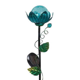 LED Solar‑Gartenstecker „Blume“ in Blau mit dekorativer Glasblüte, Metallblättern und integriertem Solar‑Panel, 57 cm hoch – stilvolle Gartendeko für Garten, Balkon und Terrasse.