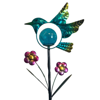 LED Solar‑Gartenstecker „Vogel“ in Blau aus Metall und Glas mit integrierter LED‑Leuchtkugel, dekorativen Blumenapplikationen und Solar‑Panel, 87 cm hoch – stilvolle Gartendeko für Garten, Terrasse und Balkon.