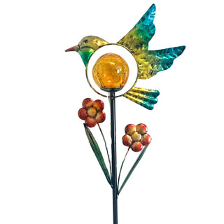 LED Solar‑Gartenstecker „Vogel“ in Blau‑Gelb aus Metall und Glas mit integrierter, gelb leuchtender LED‑Glaskugel sowie dekorativen Blumenapplikationen – solarbetriebene Gartendeko für Garten, Terrasse und Balkon.