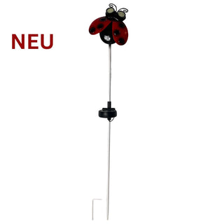 Gartenstecker „Marienkäfer“ mit rotem Körper und schwarzen Punkten, Solar‑LED und Augen mit wechselnder Blickrichtung, 78 cm hoch, auf weißem Hintergrund mit rotem Schriftzug „NEU“.
