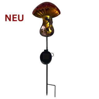 Gartenstecker „Pilz“ mit rotem Pilzkopf und dekorativem Motiv, integrierte Solar‑LED auf Stab mit Solarpanel; auf weißem Hintergrund mit rotem Schriftzug „NEU“.