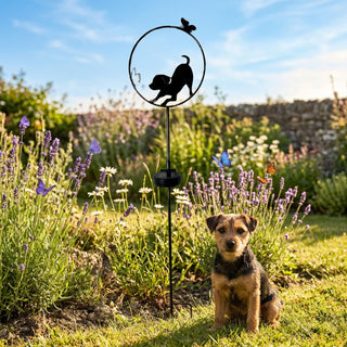 Gartenstecker „Hund spielend“ aus Metall (ca. 84 cm hoch) mit integriertem Solar-LED-Modul. Die schwarze Silhouette eines spielenden Hundes ist in einen runden Ring mit dekorativen Elementen wie einem Schmetterling und einer Blume integriert und auf einem schlanken Stab befestigt. Der Gartenstecker steht in einem sonnigen Gartenbeet mit Lavendel und weißen Blüten, umgeben von grünem Rasen. Im Vordergrund sitzt zusätzlich ein echter kleiner Hund im Gras, während im Hintergrund ein blühender Garten und mehrer