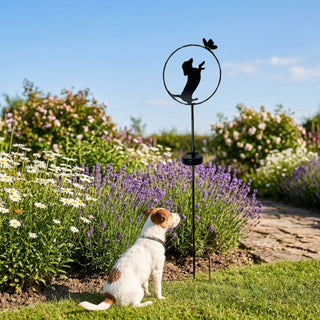 Gartenstecker „Hund stehend“ aus Metall (ca. 84 cm hoch) mit integriertem Solar-LED-Modul. Die Silhouette eines stehenden Hundes ist in einen runden Ring mit dekorativem Schmetterling integriert und auf einem schlanken Stab befestigt. Der Gartenstecker steht in einem sonnigen, gepflegten Blumenbeet mit Lavendel und weißen Blüten, umgeben von grünem Rasen und einem Gartenweg. Im Vordergrund sitzt zusätzlich ein echter Hund im Gras und blickt in Richtung Gartenstecker.