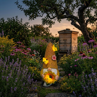 Gartenfigur „Wichtel mit Sonnenblume“ (ca. 18 cm hoch) mit integrierter Solar-LED-Beleuchtung. Der kleine Wichtel trägt eine hohe, wabenförmig strukturierte gelb-braune Mütze und hält eine große Sonnenblume in den Händen, die von warmem Licht durchleuchtet wird. Zusätzlich leuchten kleine Schmetterlingsmotive an der Mütze. Die Figur steht in einem üppig blühenden Gartenbeet bei Abenddämmerung, umgeben von Lavendel, bunten Blumen und Grünpflanzen; im Hintergrund ist ein Bienenstock unter einem Baum.