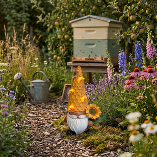 Gartenfigur „Wichtel mit Sonnenblume“ (ca. 30 cm hoch) mit integrierter Solar-LED-Beleuchtung. Der Wichtel trägt eine hohe, wabenförmig gestaltete Mütze, in der mehrere kleine warm leuchtende Lichter integriert sind, und hält eine Sonnenblume in der Hand. Die Figur steht auf einem Gartenweg aus Rindenmulch in einem üppig bepflanzten Blumenbeet mit Lavendel, Margeriten und bunten Sommerblumen. Im Hintergrund sind ein Bienenstock, ein Obstbaum sowie eine Gießkanne zu sehen, während mehrere Bienen umherfliegen