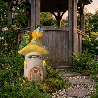 Gartenfigur „Pilzhaus Raupe“ (ca. 35 cm hoch) mit integrierter Solar-LED-Beleuchtung. Das liebevoll gestaltete Pilzhaus besitzt ein gelbes Dach mit kleinen Blüten und eine kleine grüne Raupe darauf. Die Hausfassade ist mit einer Tür, Fenstern und der Aufschrift „Welcome“ verziert, aus deren Öffnungen warmes Licht scheint. Die Figur steht auf einem Gartenweg aus Steinen und Kies vor einer hölzernen Gartenlaube, umgeben von üppigem Grün und blühenden Pflanzen.
