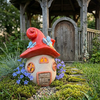 Gartenfigur „Pilzhaus Schmetterling“ (ca. 31 cm hoch) mit integrierter Solar-LED-Beleuchtung. Das kleine Pilzhaus hat ein rundes, helles Häuschen mit rotem, geschwungenem Dach, das mit mehreren blauen Schmetterlingen verziert ist. Durch die Fenster scheint warmes Licht. Die Figur steht in einem Garten auf einem moosbedeckten Weg aus kleinen Steinen, umgeben von lila Blumen und Grünpflanzen. Im Hintergrund befindet sich eine hölzerne Gartenlaube mit Tür und Geländer.