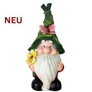 Gartenfigur Wichtel mit grünem Hut und gelber Blume, 32 cm hoch.