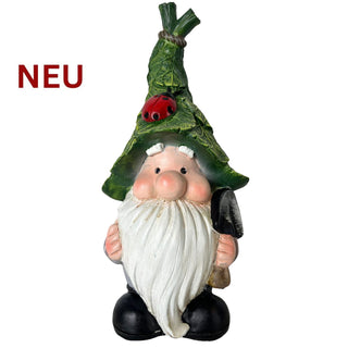 Gartenfigur Wichtel mit grüner Mütze und Schaufel, 32 cm hoch.
