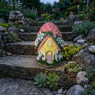 Gartenfigur „Wichtelhaus Ei“ (ca. 17 cm) mit Solar-LED, eiförmiges Häuschen mit rosa Dach, gelber Fassade und leuchtenden Fenstern, dekoriert mit Blumen, steht auf Steinstufen zwischen Sukkulenten.