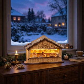 LED-Weihnachtsmarkthütte „Schwibbogenhändler“ (27 cm) mit Timer, naturfarbene Holzszene mit Verkaufsstand und Schwibbögen, warm beleuchtet auf einer Kommode vor winterlicher Fensterkulisse platziert.