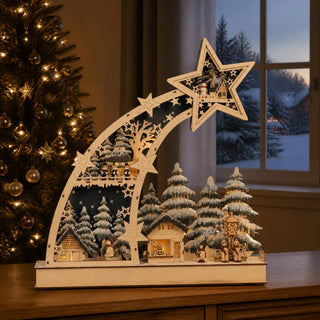 LED Lichterbogen „Sternenschweif“ mit farbigem Wintermotiv, leuchtendem Sternenschweif, verschneiten Häusern und detailreicher Waldszene, 45 cm, festliche Weihnachtsdekoration mit Timerfunktion für Fensterbank und Wohnraum.