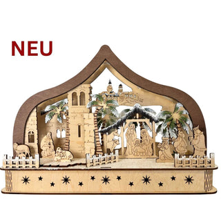 LED‑Lichterbogen „Heilige Nacht“ aus naturbelassenem Holz, 30 cm breit, mit filigraner Krippenszene und beleuchtetem Innenmotiv. Frontansicht unbeleuchtet