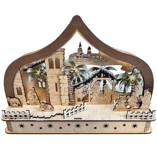 LED‑Lichterbogen „Heilige Nacht“ aus naturbelassenem Holz, 30 cm breit, mit filigraner Krippenszene und beleuchtetem Innenmotiv. Frontansicht beleuchtet