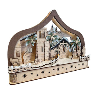 LED‑Lichterbogen „Heilige Nacht“ aus naturbelassenem Holz, 30 cm breit, mit filigraner Krippenszene und beleuchtetem Innenmotiv. Seitenansicht rechts beleuchtet