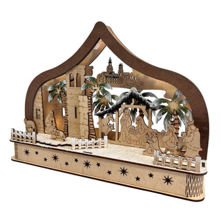 LED‑Lichterbogen „Heilige Nacht“ aus naturbelassenem Holz, 30 cm breit, mit filigraner Krippenszene und beleuchtetem Innenmotiv. Seitenansicht links beleuchtet