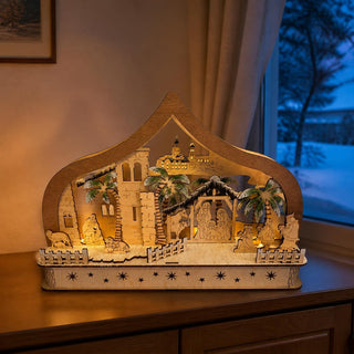 LED Lichterbogen „Heilige Nacht“ in naturfarbener Holzoptik mit detailreicher Krippe, Heilige Familie, Königen und stimmungsvoller LED-Beleuchtung, 30 cm, festliche Weihnachtsdekoration mit Timerfunktion für Fensterbank und Wohnraum.