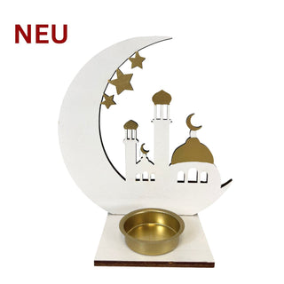 Weiß-goldener Kerzenhalter aus Holz mit Halbmond, Sternen und orientalischer Silhouette, für ein Teelicht, 16 cm hoch.