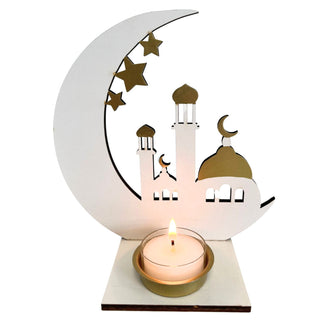 Weiß-goldener Kerzenhalter aus Holz mit Halbmond, Sternen und orientalischer Silhouette, für ein Teelicht, 16 cm hoch.beleuchtet