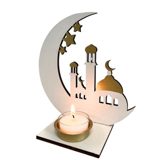 Weiß-goldener Kerzenhalter aus Holz mit Halbmond, Sternen und orientalischer Silhouette, für ein Teelicht, 16 cm hoch. beleuchtet seitliche Ansicht
