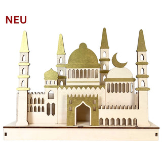LED‑Diorama in Weiß und Gold aus Holz mit orientalisch inspiriertem Architektur‑Motiv und filigranen Türmen, 29 cm breit.