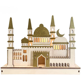 LED‑Diorama in Weiß und Gold aus Holz mit orientalisch inspiriertem Architektur‑Motiv und filigranen Türmen, 29 cm breit. beleuchtet