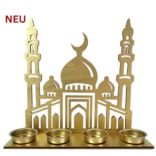 Goldfarbener Kerzenhalter aus Holz für vier Teelichter mit orientalisch anmutender Architektur-Silhouette und Halbmond-Motiv im Hintergrund.
