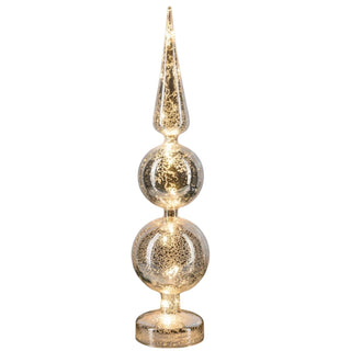 LED-Weihnachtsdeko „Spitze“ (43 cm) aus Mercury-Glas, bestehend aus drei übereinander angeordneten, unterschiedlich großen Kugel- und Tropfformen auf rundem Sockel; die silbrig-gold schimmernde Oberfläche mit antikem Spiegeleffekt ist von warmweißem LED-Licht durchleuchtet und sorgt für eine gleichmäßige, festliche Beleuchtung.