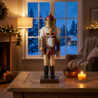 Nussknacker „König“ rot lasiert (25 cm) mit goldener Krone, Zepter und weißem Bart, steht auf einem Holztisch. Umgeben von Kerze, Schale mit Zapfen und winterlicher Dekoration, vor einem gemütlichen Wohnzimmer mit Kamin und verschneiter Landschaft am Fenster.